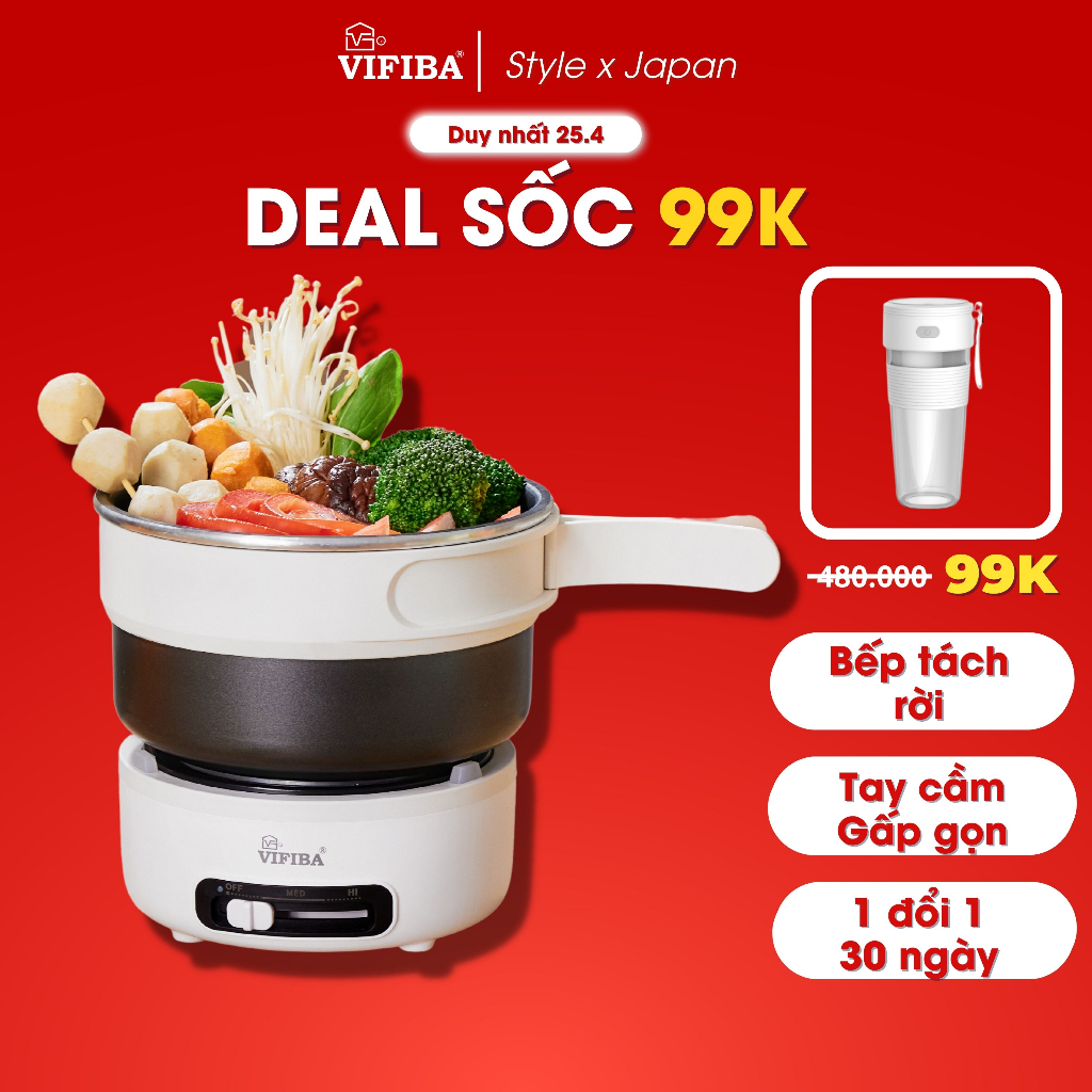 Nồi lẩu điện VIFIBA 1.8L, Công suất 500W, Nồi điện bếp rời, Tay cầm gấp gọn tiện lợi