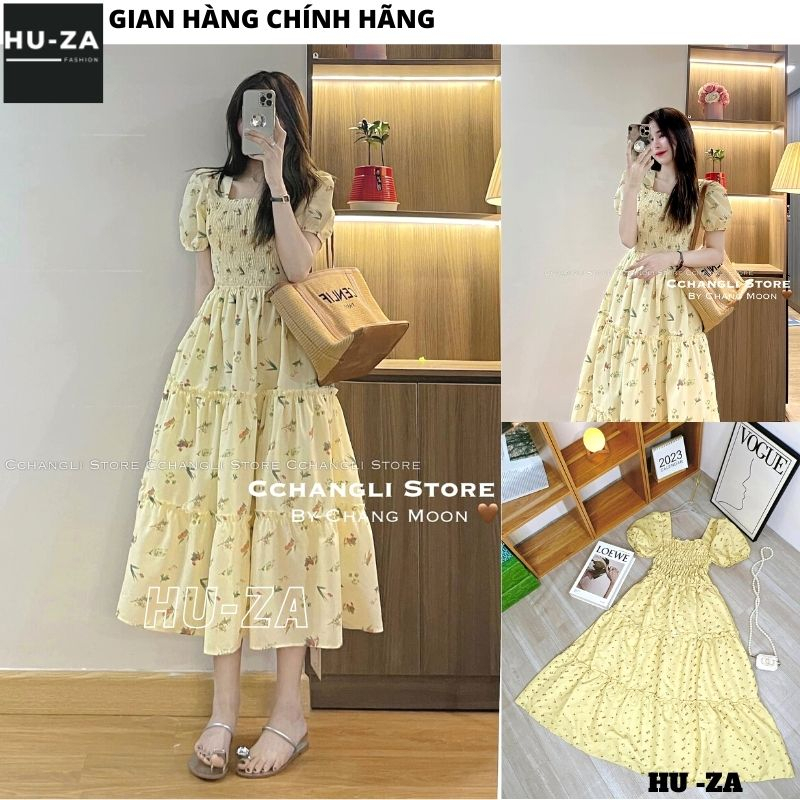 Đầm maxi tay bồng hoa nhí dáng dài chun ngực - Váy nữ tiểu thư dáng xòe bánh bèo thời trang - HUZA V109