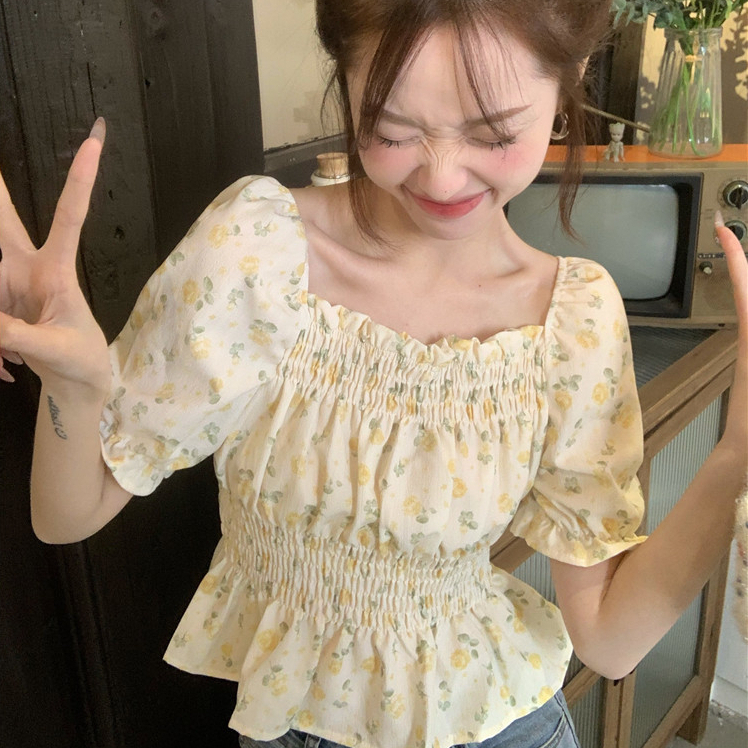 Áo sơ mi nữ cổ vuông tay ngắn bồng hoa nhí, sơ mi nữ kiểu chun eo vintage tay phồng hàn quốc 0307W
