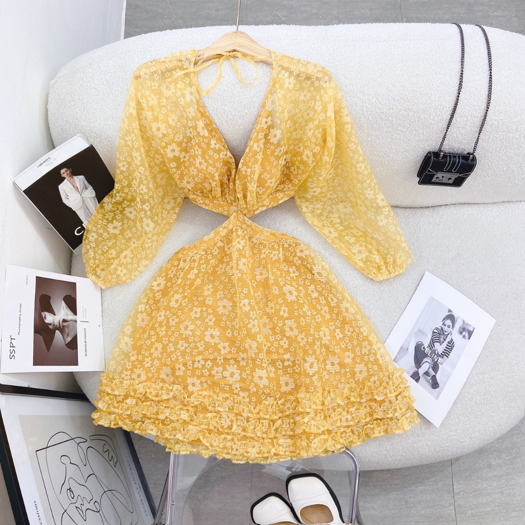 Đầm ren nổi cut out eo quá đẹp Freesize dưới 55kg