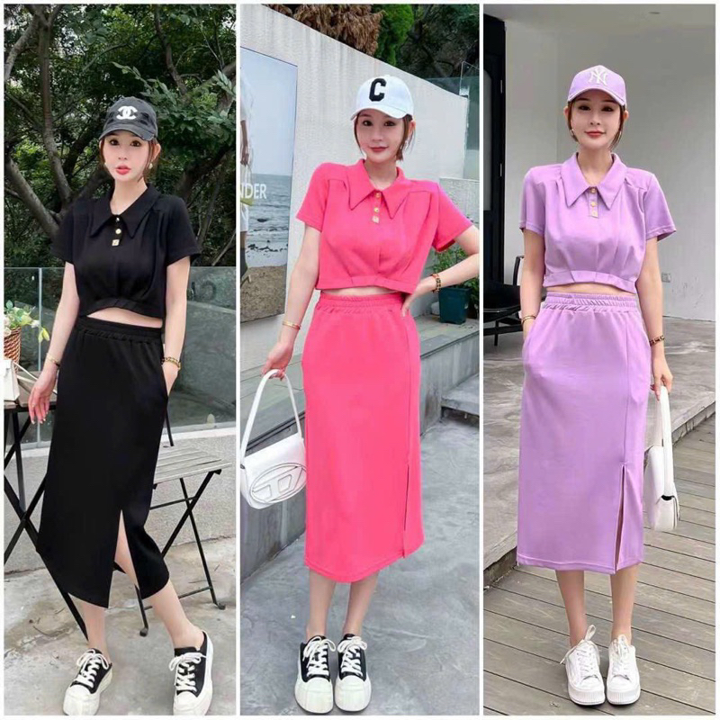 ( HÀNG QUẢNG CHÂU CAO CẤP ) SET ÁO CROPTOP CỔ ÁO SƠ MI CHIẾT BO EO + CHÂN VÁY CÓ TÚI DÁNG SUÔNG DÀI, XẺ TÀ