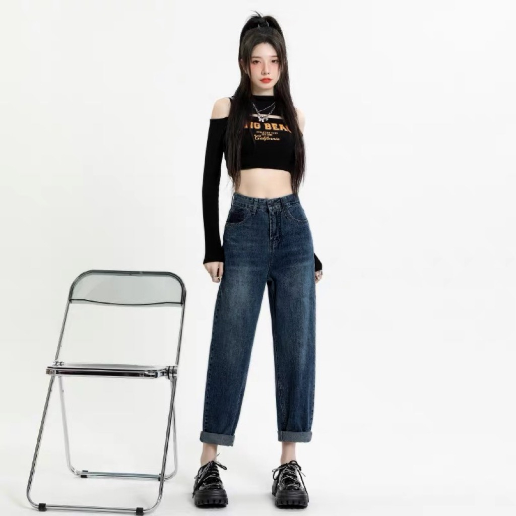 -2072 Quần Jean Nữ Baggy Trơn Form Suông Rộng hàng Quảng Châu, Quần bò nữ cao đứng hottrend Hàn Quốc 2023