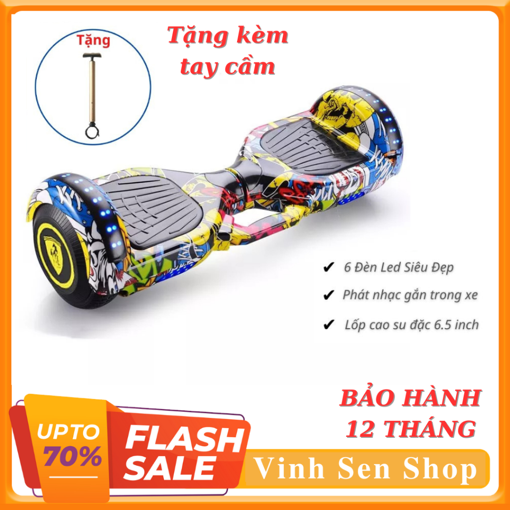 Xe điện cân bằng 2 bánh 6.5 inch cho bé, Tặng kèm tay cầm cao cấp, kết nối Bluetooth nghe nhạc - bảo hành 1 năm