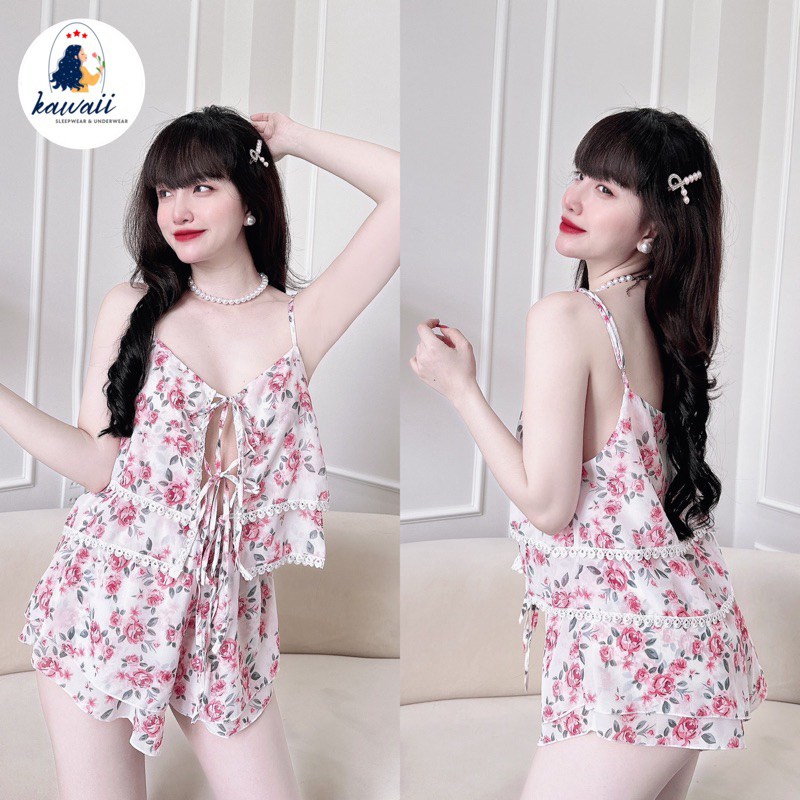 Đồ Ngủ Chiffon Sexy 40-65kg, Đồ Bộ Nữ Voan Phối Ren 2 Tầng Hoa Nhí Dễ Thương, Đồ Bộ Thoáng Mát