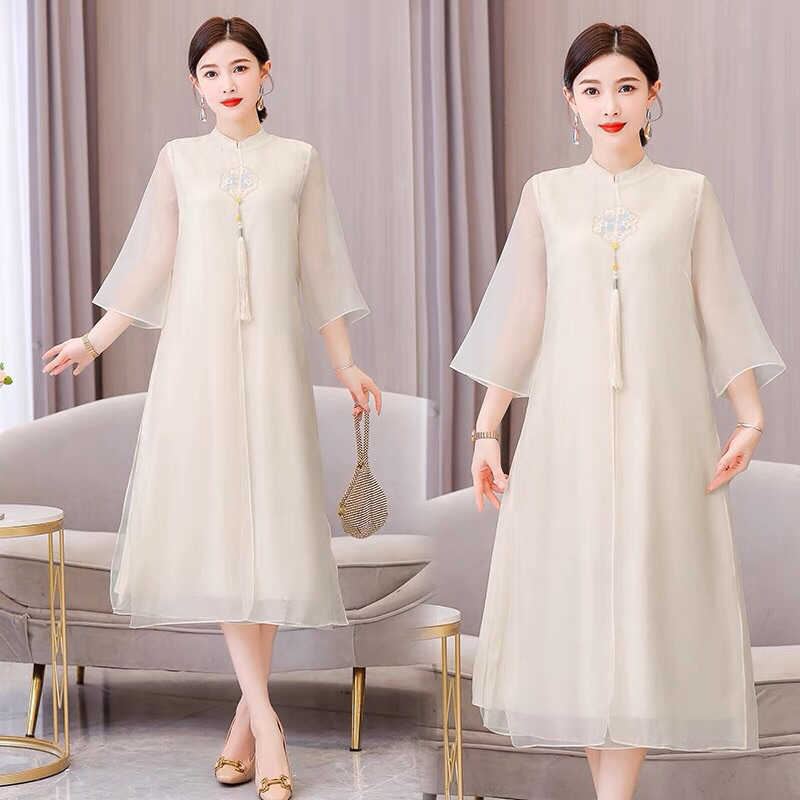 Váy sườn xám cách tân áo dài kiểu trung hoa trung quốc hán phục váy cổ trang trang phục bàn trà spa