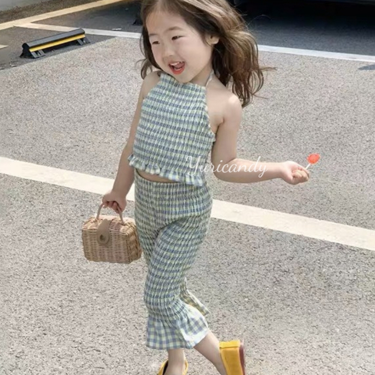 Sét jum áo yếm chun caro xanh, quần ống loe sang chảnh cho bé gái, chất vải cotton, set jum lên dáng đáng yêu YURICANDY