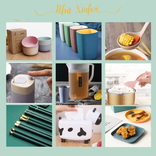 Đồ dùng phục vụ bàn ăn gia đình tiện ích muỗng nĩa đũa đĩa, hộp đựng giấy ăn, ly tách, hủ tăm nhựa lúa mạch gia dụng