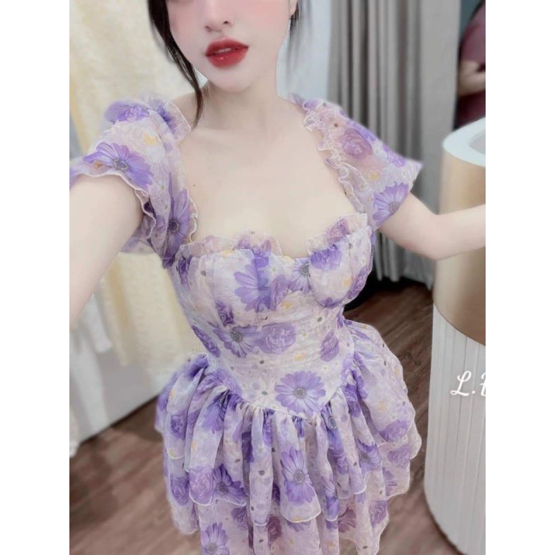 Váy voan hoa cúp ngực bèo tầng tôn dáng ( hình thật tự chụp trải sàn )