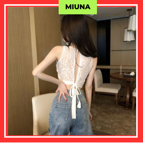 Áo dệt kim sát nách Wyne phối ren kiểu dáng mới, Áo hai dây dáng croptop phối nơ gợi cảm