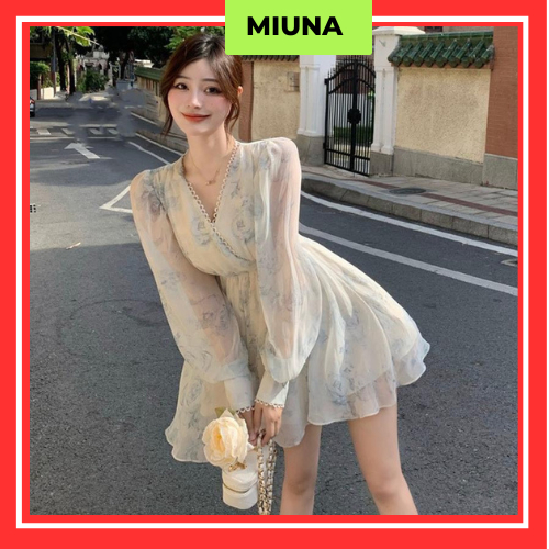 Đầm hoa cổ chữ V Miuna dáng xòe, Đầm voan hoa tay dài phong cách ngọt ngào