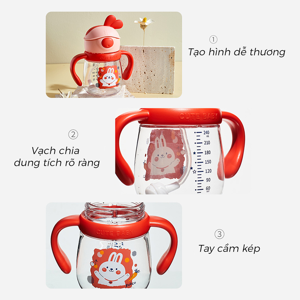 Bình Tập Uống Nước ROVCO RK-B1049 Tritan Tai Thỏ Chống Sặc (240ml）