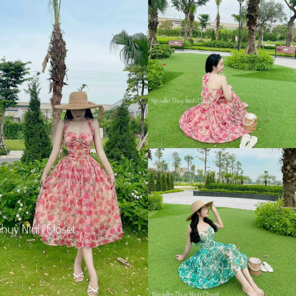 Đầm voan dáng xòe hai lớp có mút kèm dây quàng sau cổ duyên dáng, đáng yêu phù hợp dạ hội, đi biển