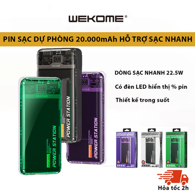 Pin sạc dự phòng sạc nhanh QC PD 22.5W trong suốt  , 20000mAh nhiều màu sắc Wp 349 sạc thường - 351