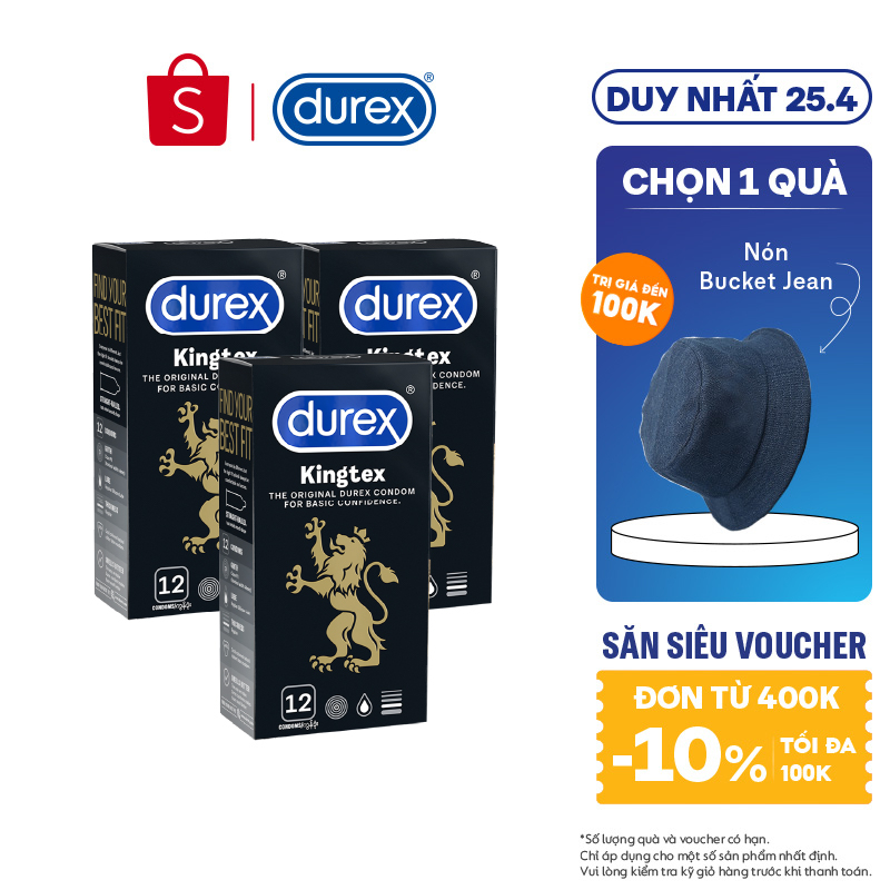 Bộ 3 bao cao su Durex Kingtex, ôm sát, bôi trơn size 49mm, hộp 12 bao