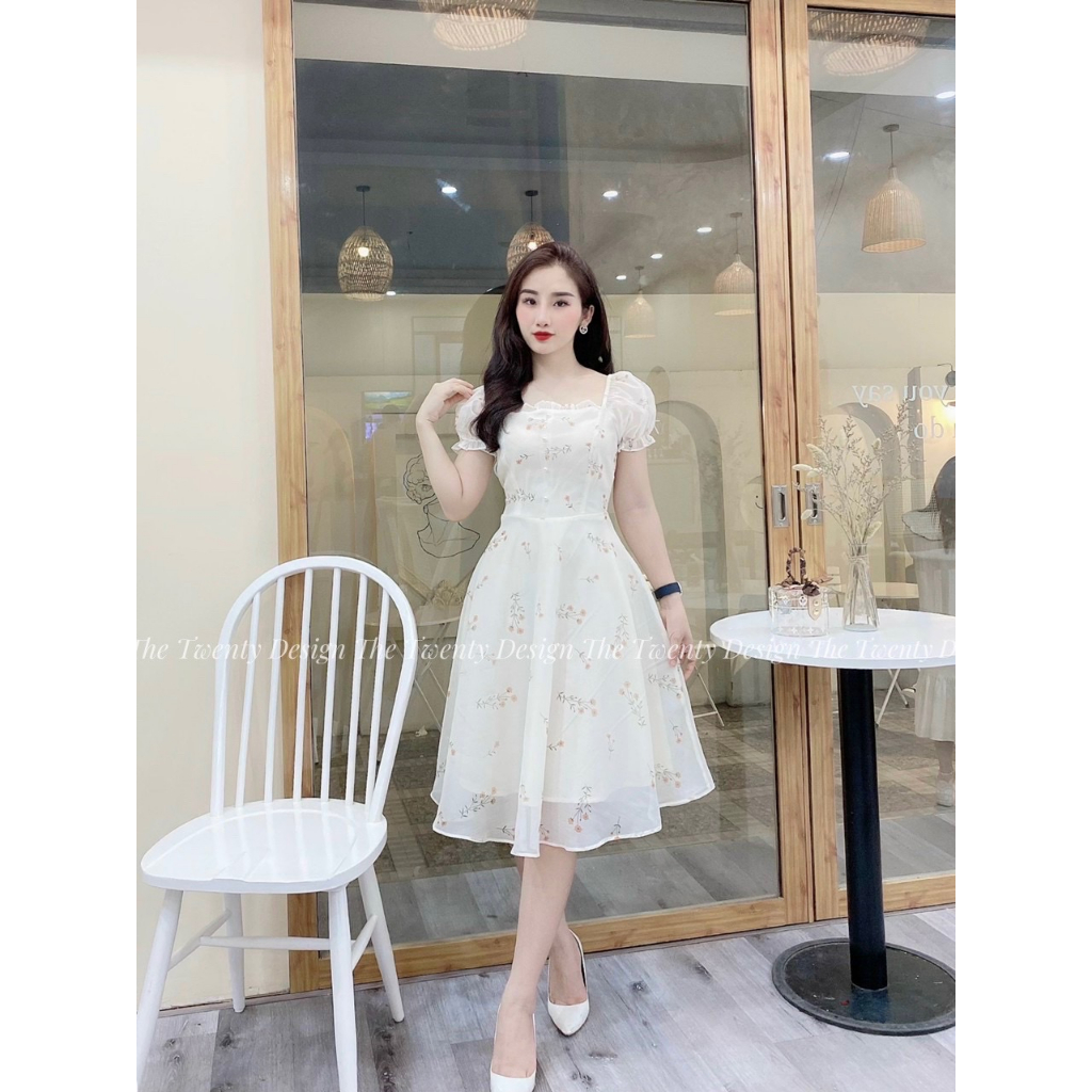 Váy hoa nhí Daisy The Wenty Vải Tơ In, Váy Cổ Vuông chiết eo chuẩn form T101.