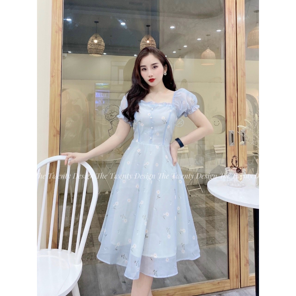 Váy hoa nhí Daisy The Wenty Vải Tơ In, Váy Cổ Vuông chiết eo chuẩn form T101.