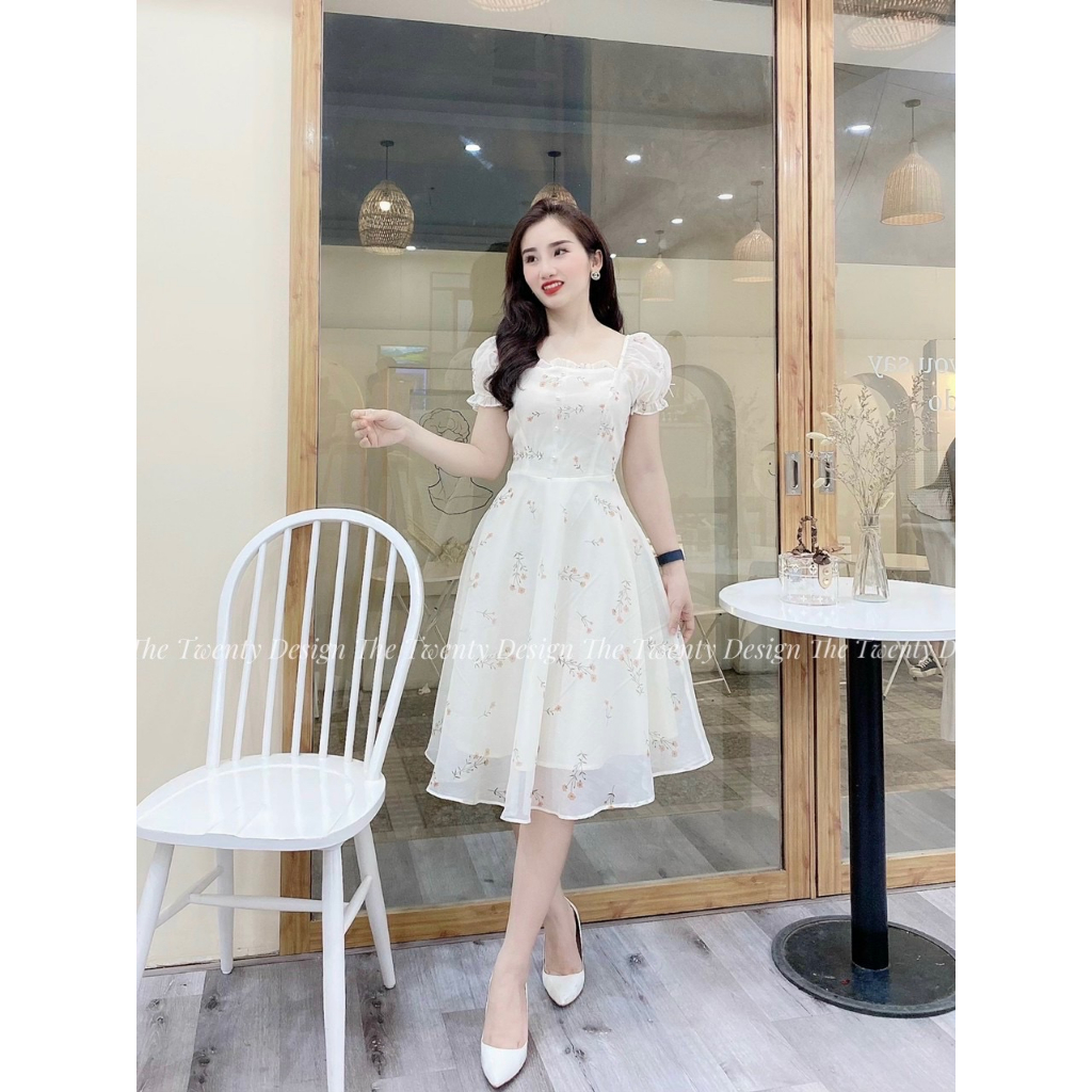 Váy hoa nhí Daisy The Wenty Vải Tơ In, Váy Cổ Vuông chiết eo chuẩn form T101.