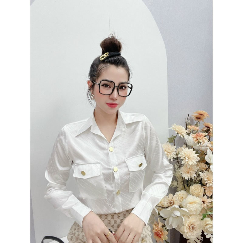 Áo sơ mi nữ lụa dài tay họa tiết chữ in chìm, họa tiết lv