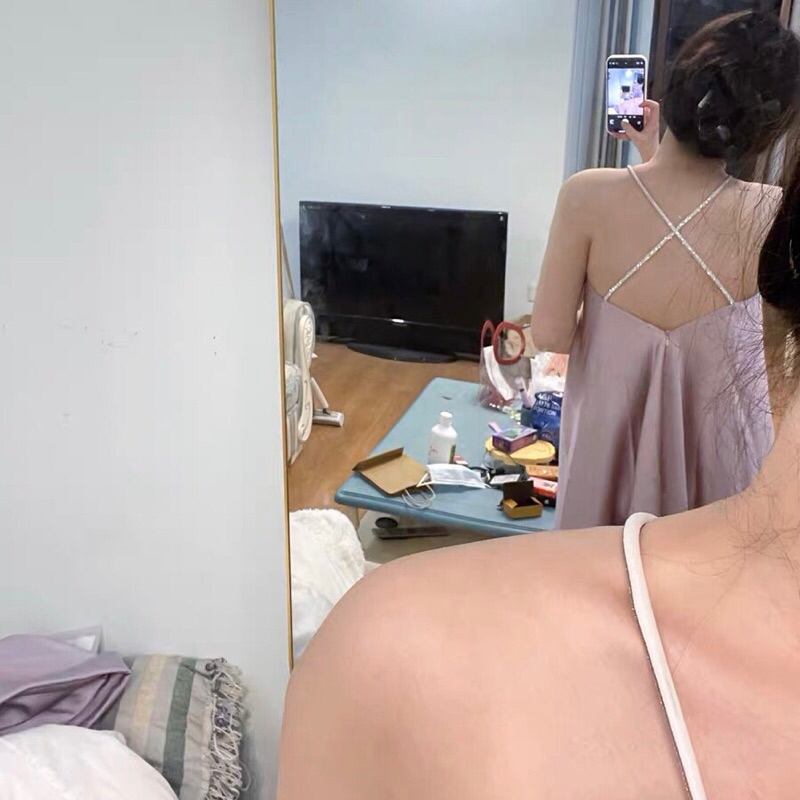 Váy lụa 2 dây cao cấp Andu Store, đầm lụa 2 dây màu tím QC tag đá