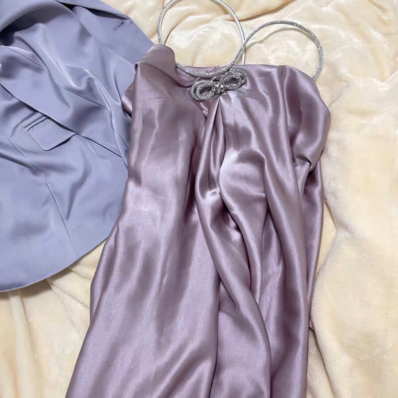 Váy lụa 2 dây cao cấp Andu Store, đầm lụa 2 dây màu tím QC tag đá