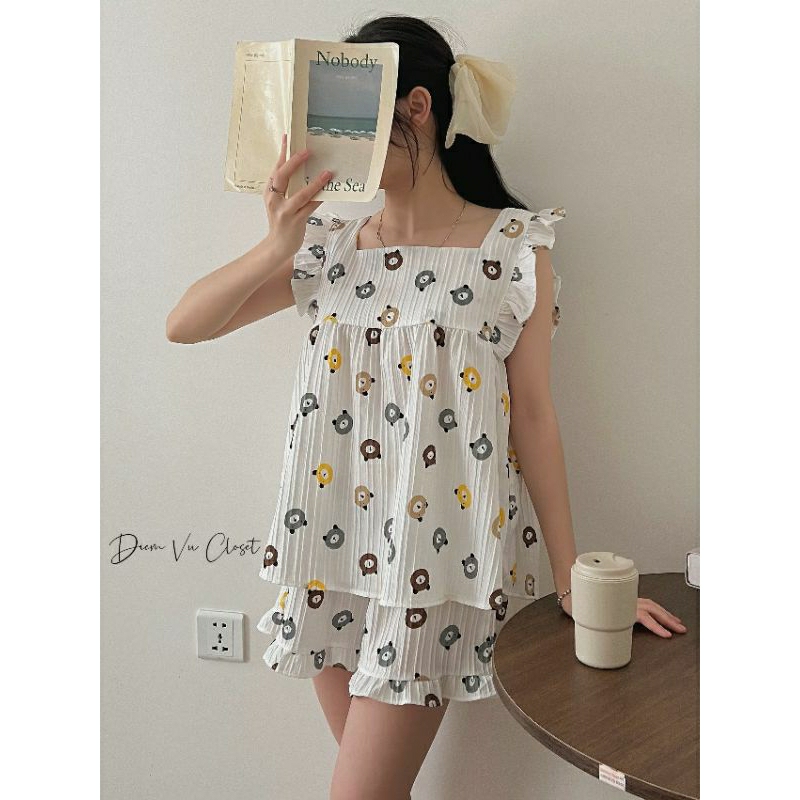Set đồ ngủ cánh tiên, pijama nữ đũi xốp/đũi gân hoạ tiết hoạt hình