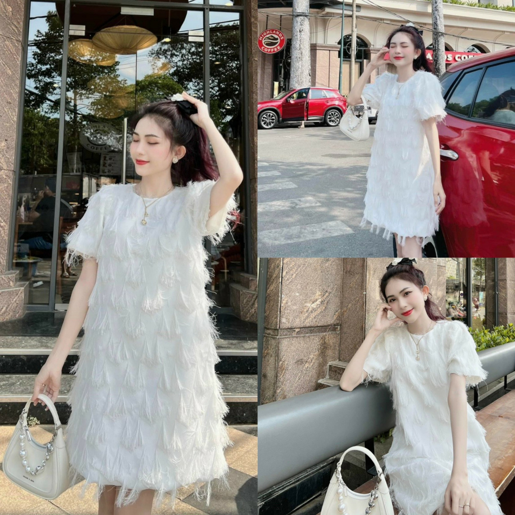 Đầm công chúa lông vũ ngắn tay cổ tròn với 2 màu xinh xắn, đáng yêu phù hợp đi chơi, diện tiệc
