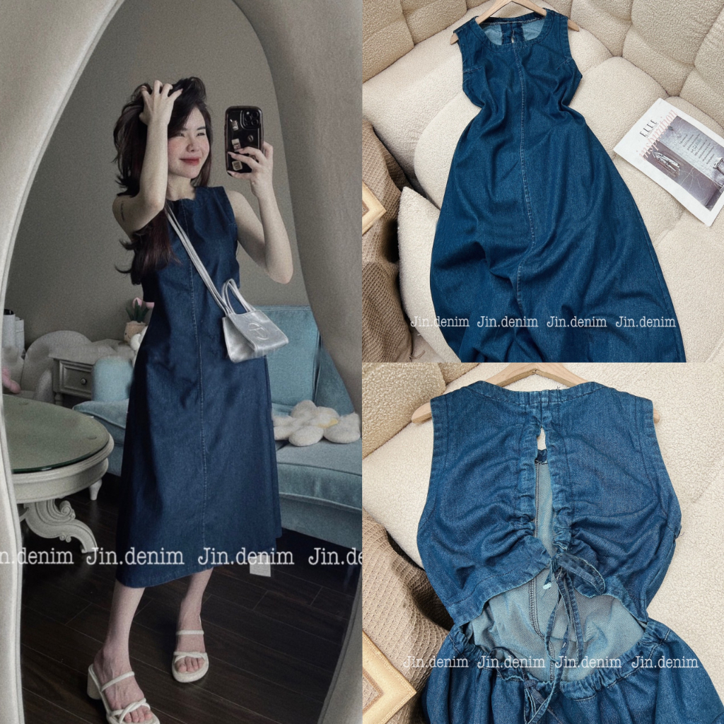 Váy đầm jean bò denim khoét lưng, hở lưng, sát nách basic thiết kế cao cấp 018