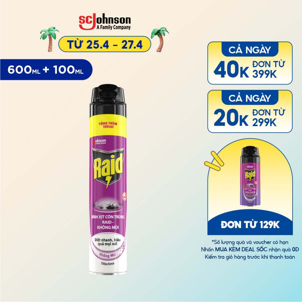 Bình Xịt Côn Trùng RAID Không Mùi 600ML + Tặng Thêm 100ML
