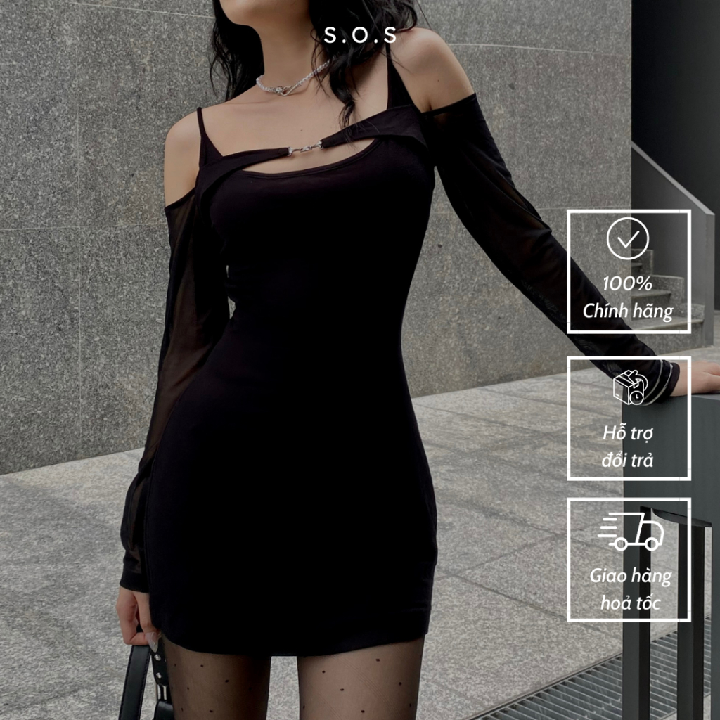 Đầm nữ ngắn tối giản cá tính SOS Design, Đầm nữ tay lưới dài phối khoen ngực cá tính SOS Fashion FAME DRESS