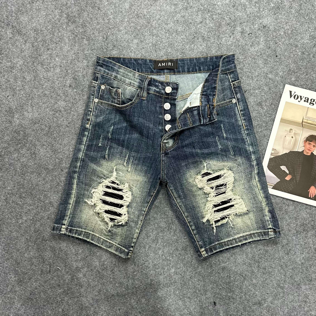 Quần short jeans nam Amiri V.N-01 Xanh đậm,rách vá da đen,chất liệu dehim,Size 28/32.