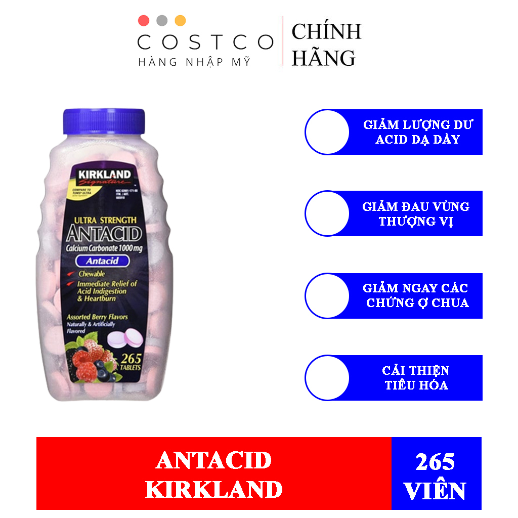Viên Nhai Hỗ Trợ Đau Dạ Dày Kirkland Antacid (1 Hủ/265 Viên)