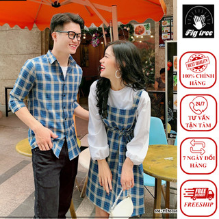 Set Sơ Mi Váy Đôi FIGTREE Caro Xanh Set Nữ Kèm Áo Thun Siêu Dễ Thương Mã 168A