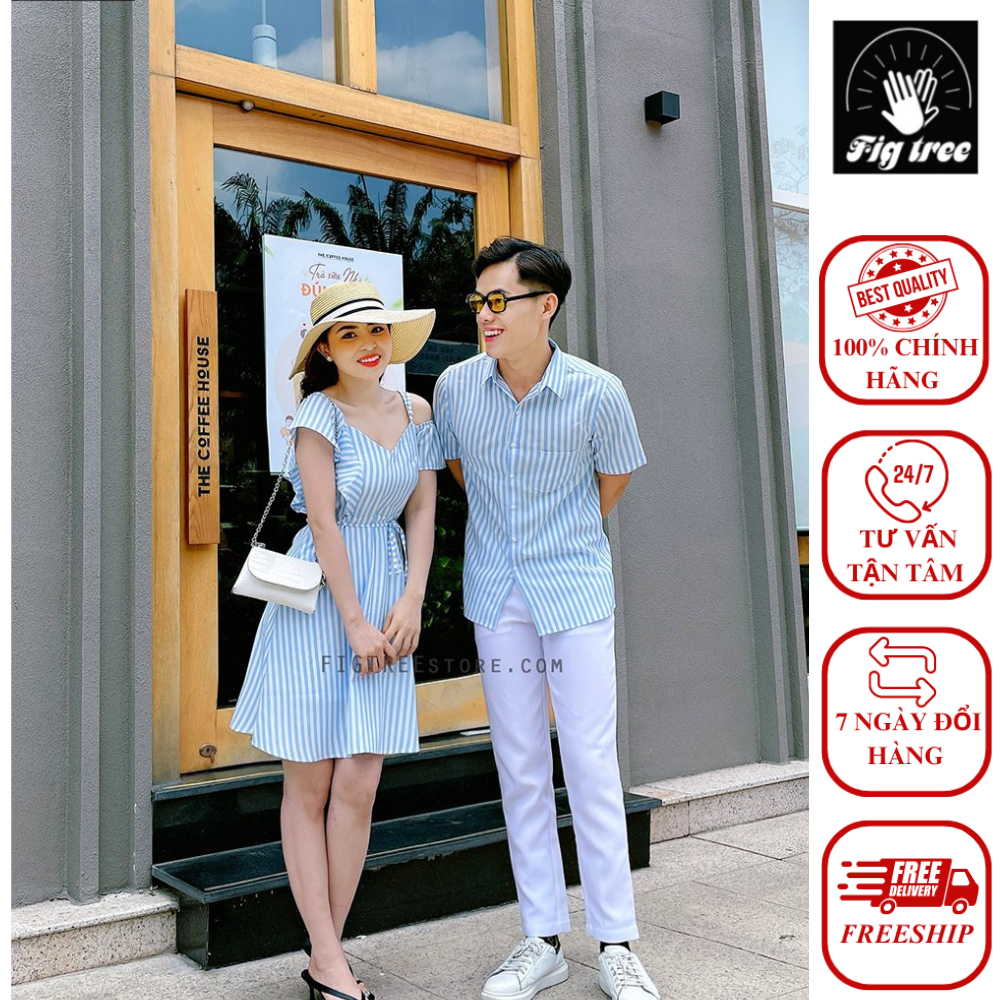 Set Sơ Mi Váy Đôi Fig Tree Sọc Đứng Xanh Trắng Nhã Nhặn Mã 171