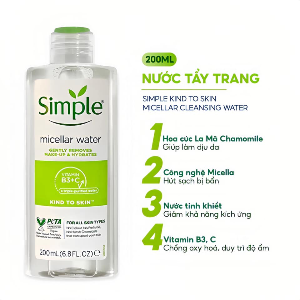 Nước tẩy trang simple Kind To Skin Micellar Cleansing Water 200ml