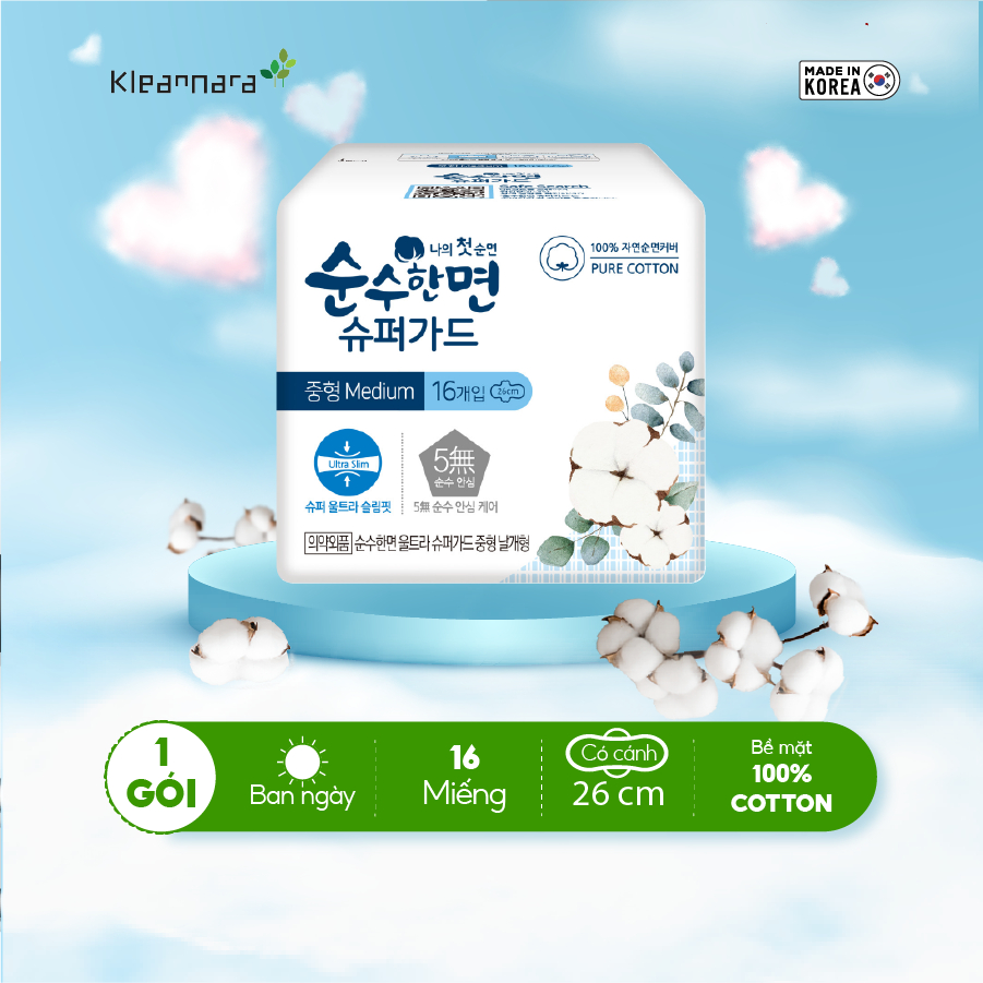Băng vệ sinh Kleannara Soonsoohan Superguard Hàn Quốc siêu mỏng cánh ban ngày size M 26cm - 16 miếng/gói