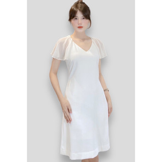 [ Chính hãng ] Đầm suôn nữ cổ thuyền tay cánh dơi- trắng kem- DE THUONG