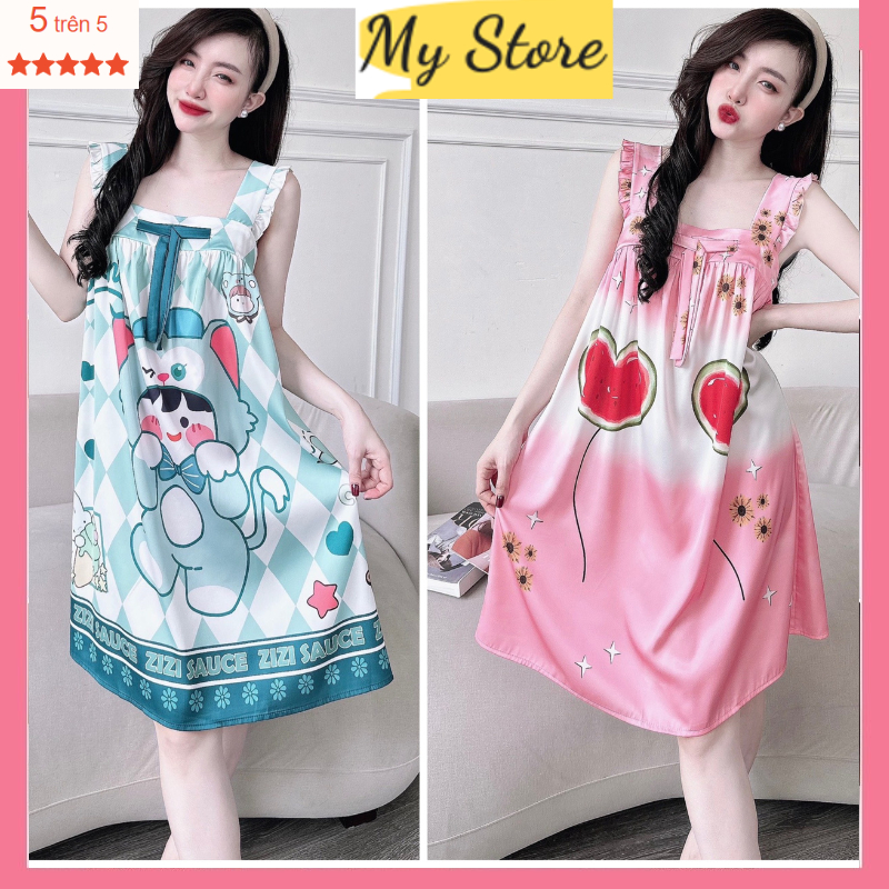 Đầm ngủ 2 dây, váy ngủ mặc nhà  dễ thương quyến rũ vải lụa latin in 3D hàng thiết kế mịn mát freesize dưới 62kg MY STORE | BigBuy360 - bigbuy360.vn