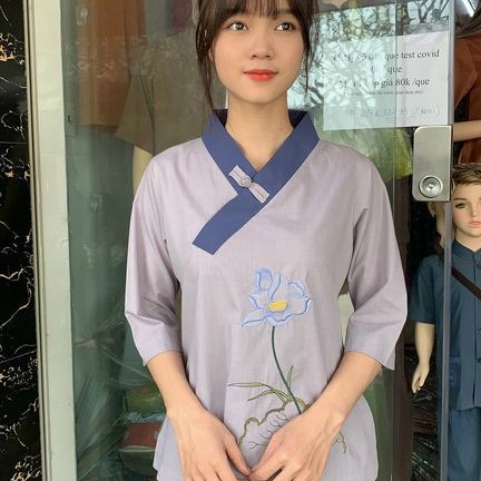 Quần Áo nữ Phật Tử, đồ lam Đi Chùa mẫu nữ kate 1 nút mã A12