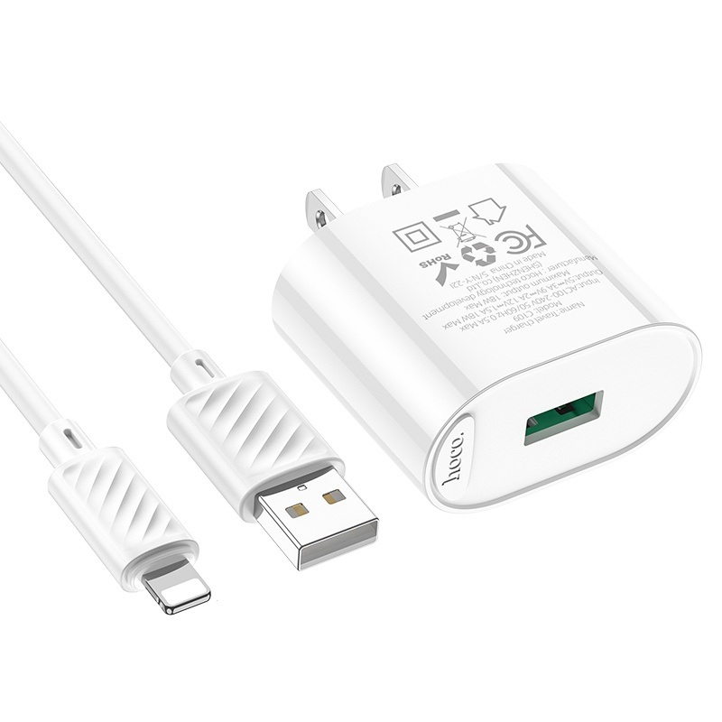 Bộ sạc nhanh 3A/18W Hoco C109 chân dẹt 1 cổng USB kèm dây sạc dài 1M cho i.P 12/13/14