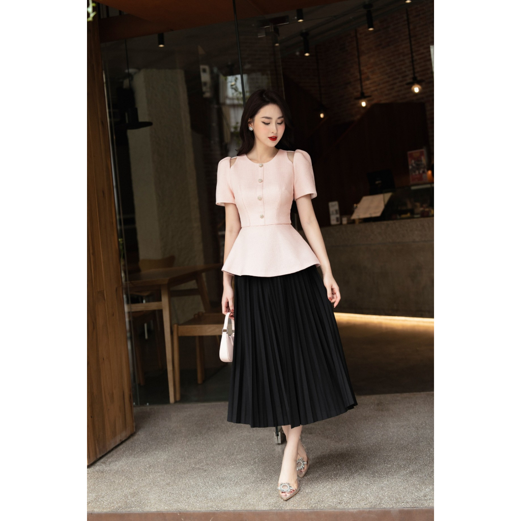 Chân váy midi dập ly cạp liền TIINSTORE GC23007