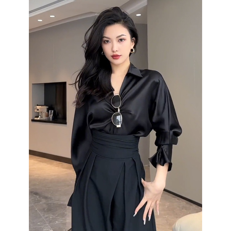 BLACK VER1 HERA. Set Sơmi + Quần Ống Rộng Cá Tính. Thời Trang Cao Cấp