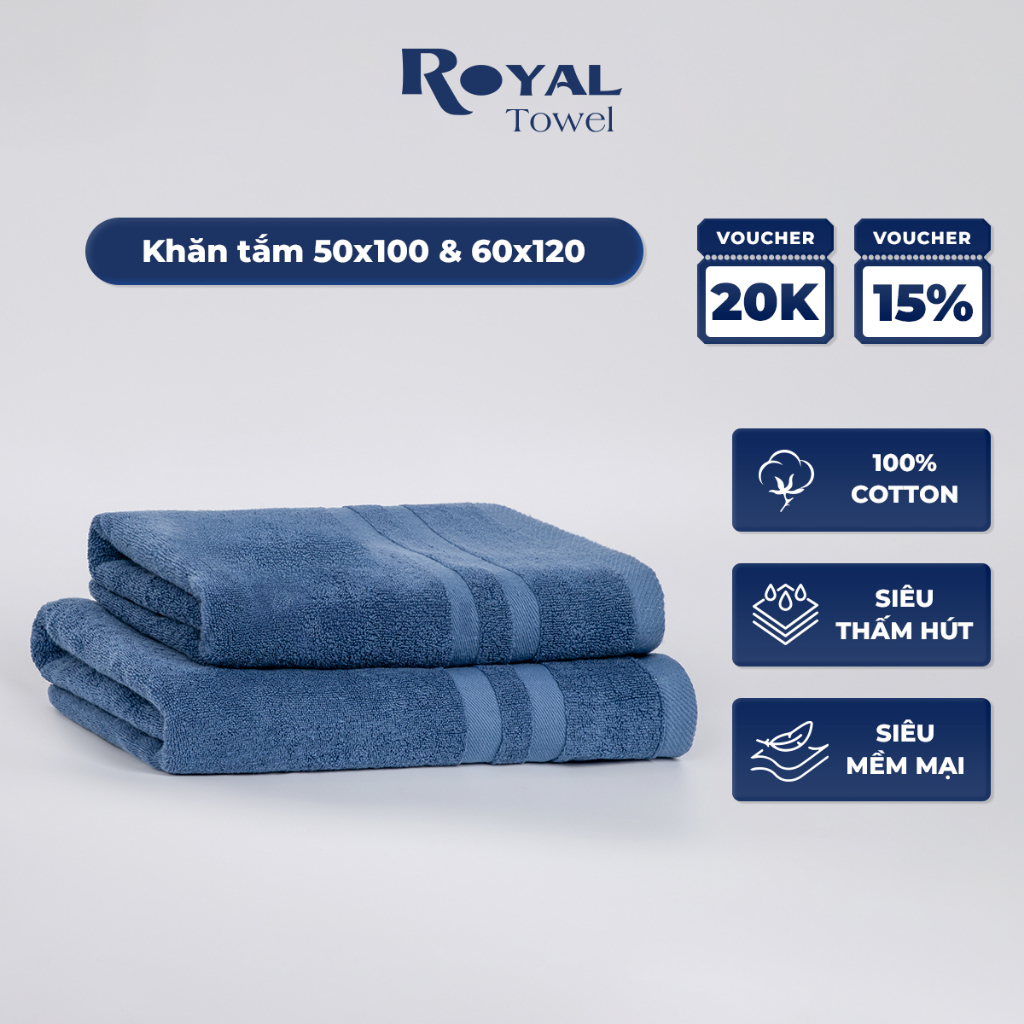 Khăn tắm Royal 50x100cm 60x120cm với sợi bông cotton dày thấm hút tốt, không đổ lông, không ra màu