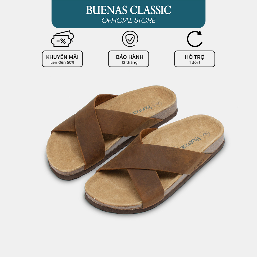 Dép đế trấu nam nữ da bò unisex birken quai chéo Buenas - BB03