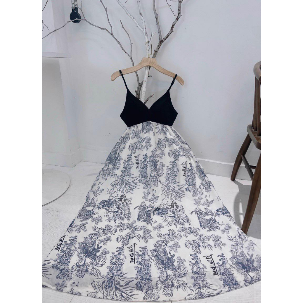 ĐẦM MAXI 2S HOẠ TIẾT PHỐI CÚP NGỰC ĐEN