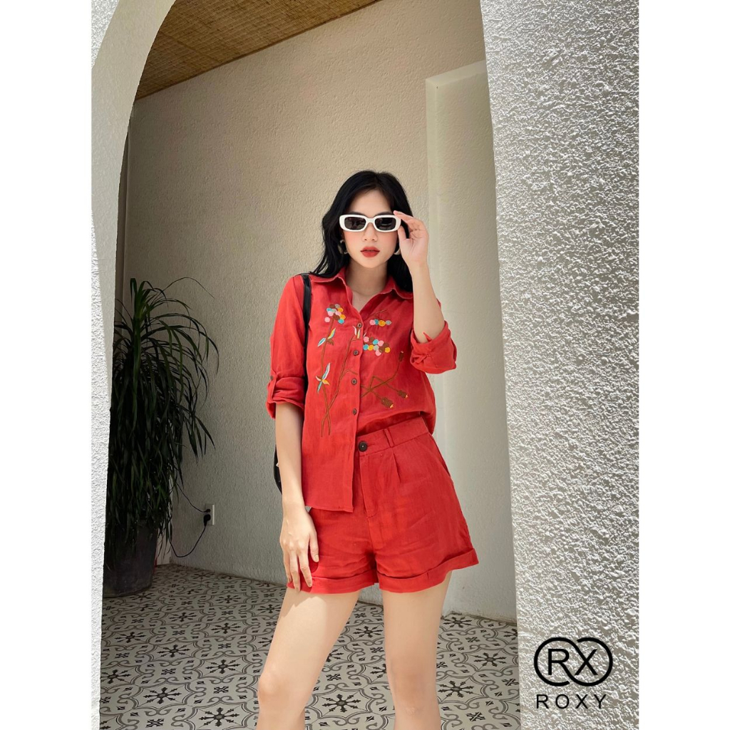 Bộ Sơ Mi Quần Ngắn ROXY Vải Linen Thêu Hoa Cao Cấp Phong Cách Thanh Lịch, Sang Trọng 6216