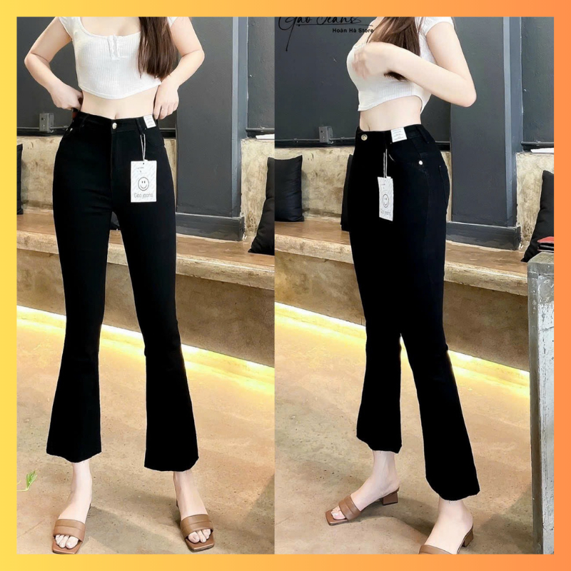 Quần jean ống loe lỡ lửng 9 tấc đen cắt gấu