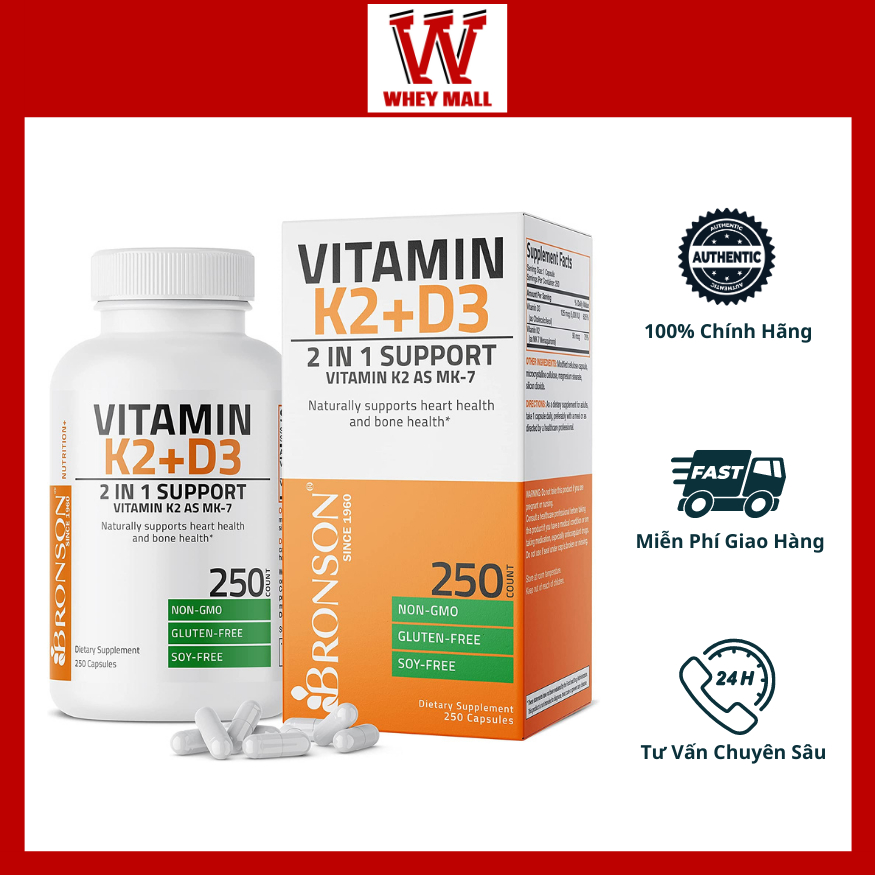 Bảo vệ xương khớp Bronson Vitamin D3 + K2  nhập khẩu Mỹ tăng sức đề kháng, hiệu quả luyện tập