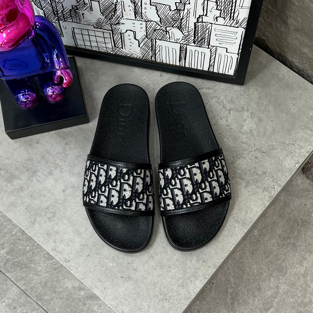 |Hàng Cao Cấp| Dép quai ngang Logo D.i.o.r Màu Trắng Đen Đế Cao Su - Dép Lê Quai Ngang Nam Cao Cấp 2079