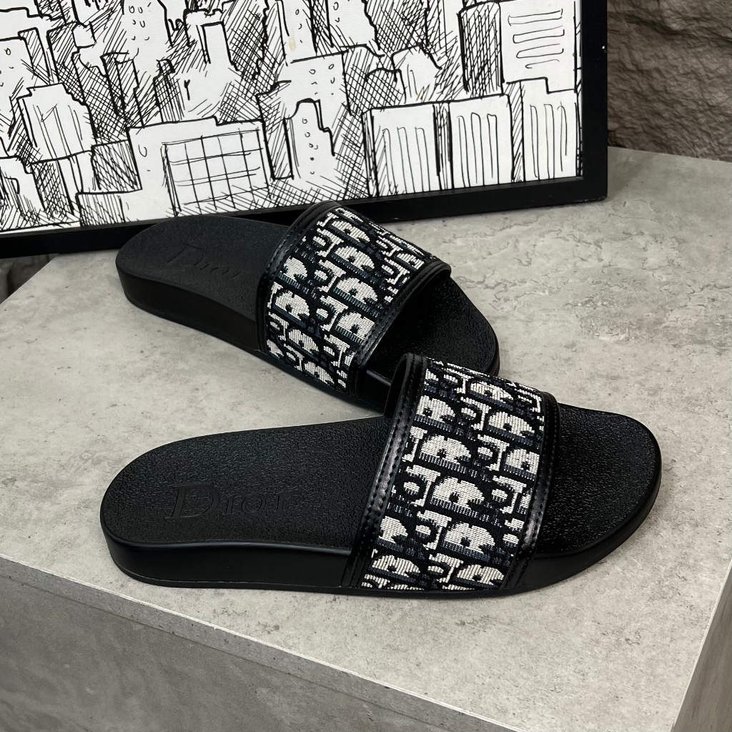 |Hàng Cao Cấp| Dép quai ngang Logo D.i.o.r Màu Trắng Đen Đế Cao Su - Dép Lê Quai Ngang Nam Cao Cấp 2079