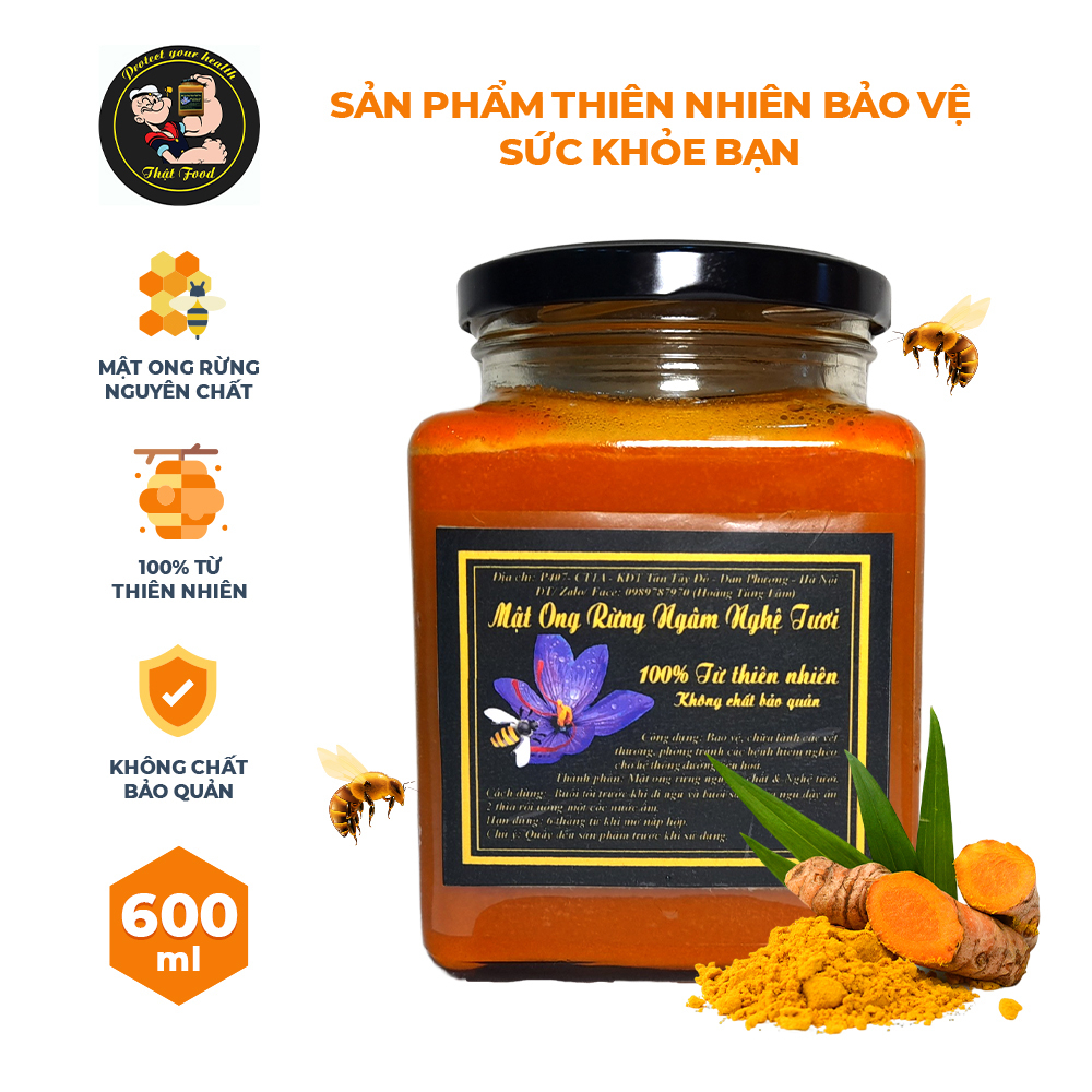 Mật Ong Rừng Nguyên Chất Ngâm Nghệ Tươi Tự Nhiên THẬT FOOD Tốt Cho Dạ Dày, Bổ Máu, Làm Đẹp Da - Lọ 600ML